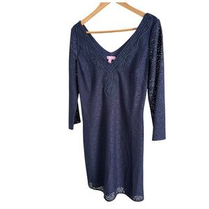 Lilly Pulitzer Alden Tunic Dress Size M Lace Mini Geo Circle Knit, Navy, Size M